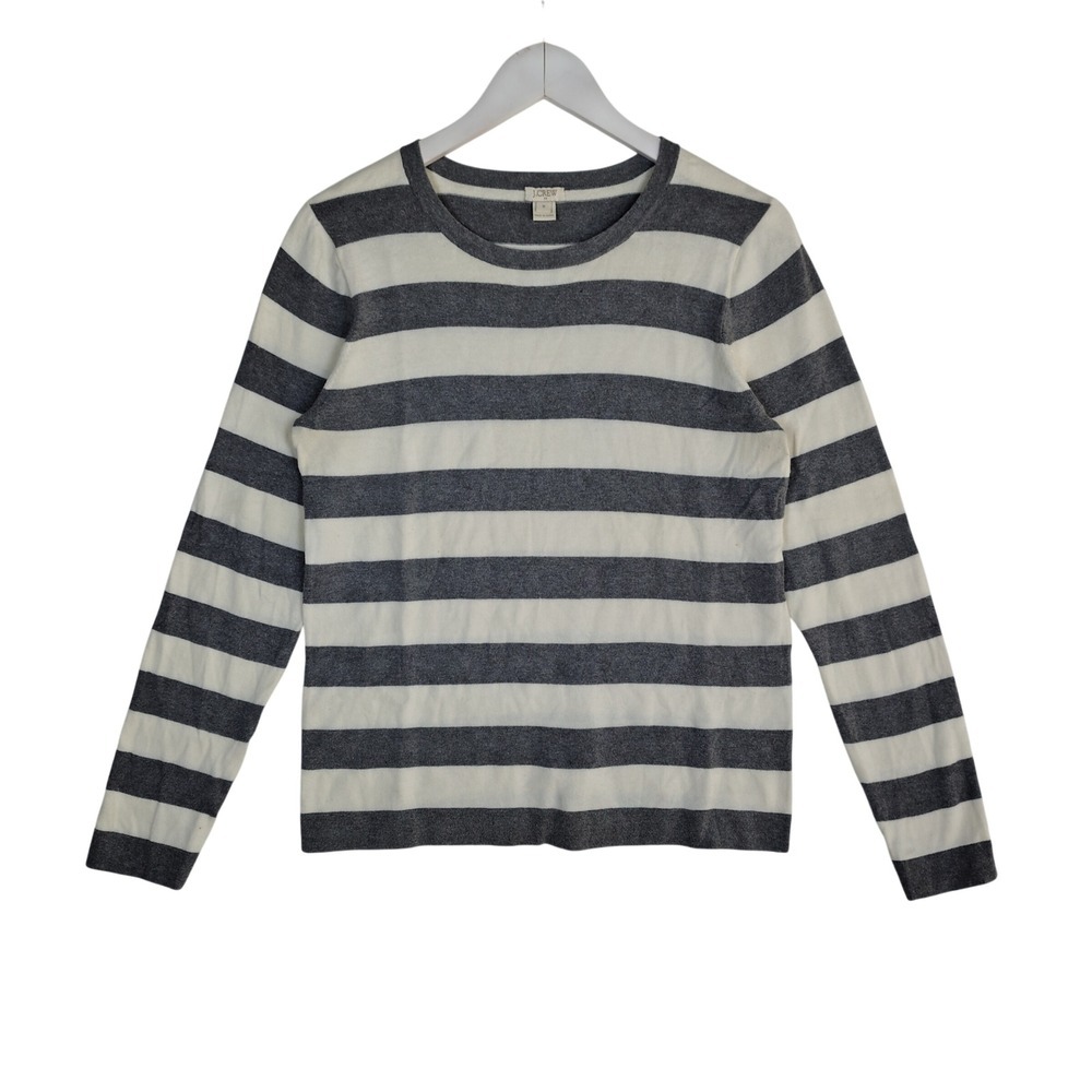 J.Crew Women's Medium Gray Ivory Striped Cotton Crewneck Sweater
